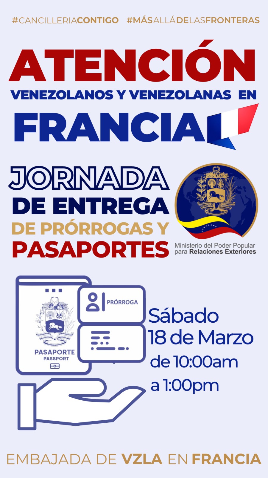 Jornada especial de entrega de prórrogas y pasaportes a venezolanos residentes en Francia el sábado 18 de marzo