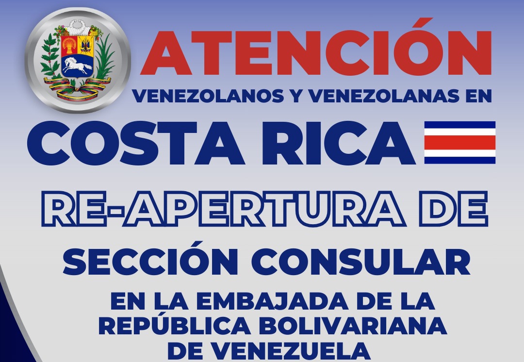 Venezuela reabrirá el 27 de noviembre Sección Consular en la Embajada en Costa Rica