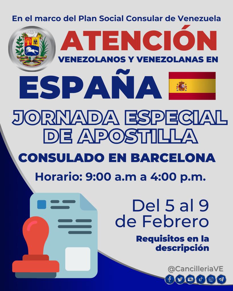 Gobierno venezolano realizará Jornada Especial de Apostilla en Barcelona en el marco de Plan Social Consular